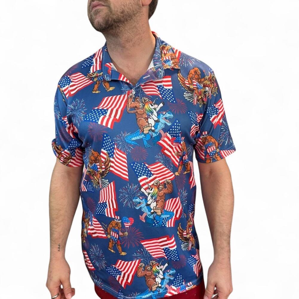 American Flag Cartoon Golf Polo Shirt Patriotic Novelty Golfcore USA XL